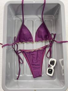 Swim SXY Bộ bikini gợi cảm dành cho nữ, màu tím đậm, kiểu tam giác, dây rút, cổ yếm, phối dây xích vàng, lưng hở, buộc bên hông. - Màu tím - Xem 1