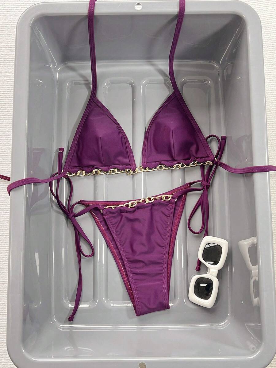 Swim SXY Bộ bikini gợi cảm dành cho nữ, màu tím đậm, kiểu tam giác, dây rút, cổ yếm, phối dây xích vàng, lưng hở, buộc bên hông. - Màu tím - Xem 1