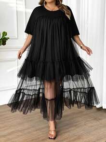 SHEIN CURVE+ 大码女式纯色雪纺叠层T恤长裙，假日风、波西米亚风、嬉皮风、夏季 - 黑色 - 查看 9