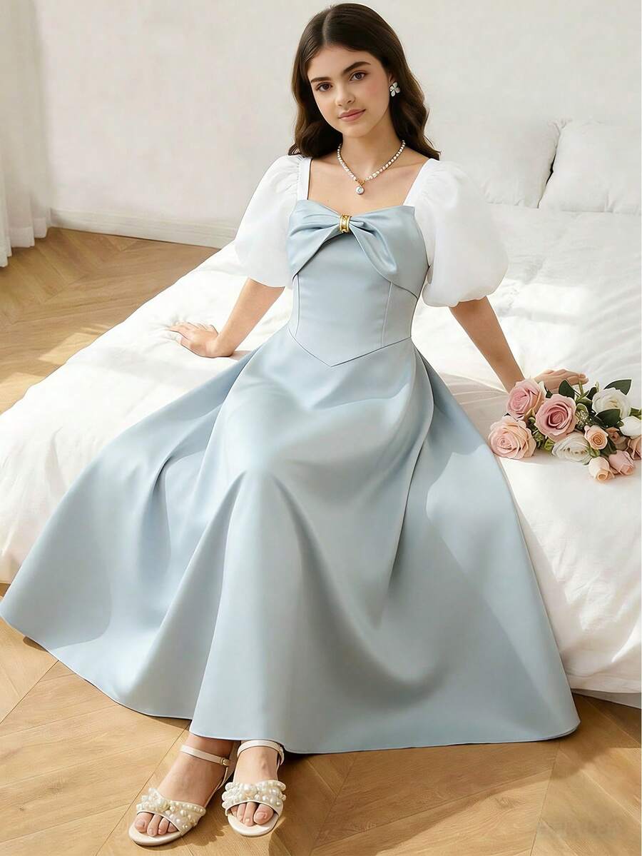 Đầm ngắn dự tiệc thời trang cho thiếu nữ, cổ hình trái tim, tay phồng, thắt nơ ở eo. - Màu xanh lam - Xem 1