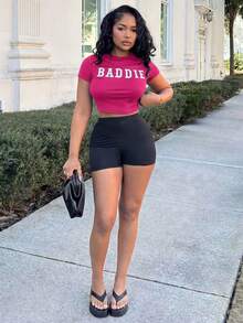 Alexandranx Women Round Neck Letter Print Short Sleeve Fitted Cropped T-Shirt - Hot Pink - View 4