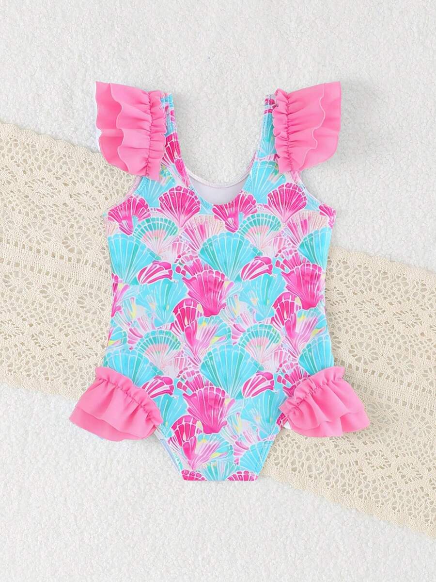 Ropa de playa para niñas, traje de baño para niñas, estilo lindo, vacaciones, estilo casual, traje de baño rosa, estampado de conchas de colores, tela de punto, decoración de hombros con volantes, decoración de volantes en la parte inferior, traje de baño de una pieza, elegante y glamoroso, adecuado para nadar, vacaciones de verano, playa, piscina, vacaciones de verano - Rosa - Ver 1