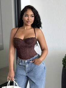Alexandranx 性感蕾丝透视吊带背心上衣，派对，约会之夜，通勤，可爱文胸，性感夜店上衣，束身衣上衣，露肩上衣，外出上衣，夏季上衣，可爱上衣，女士夏季，蕾丝上衣 - 咖啡棕 - 查看 6