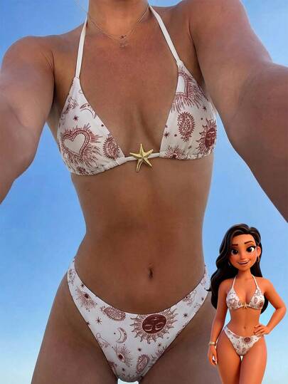  Swim Vcay New Arrival Women's Elegant Boho Bohemian Celestial Mystic Spiritual Y2K Retro Witchy Hippie Vacation Style Triangle Bikini Set - 2 Piece Swimwear With Halter Tie Top, Triangle Top, High Cut Leg, Cheeky Thong Fit & Adjustable Straps - Sun Moon Evil Eye Paisley Print, Burgundy White Color Palette - Smooth Stretchy Quick Drying Fabric - Beachwear For Summer Beach Vacation, Pool Parties & Music Festivals,Wedding Holidays