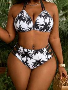 Slaydiva Plus Size Two-Tier Coconut Tree Print Tie-Front Sexy Summer Beach Bikini Set - Black and White - View 3