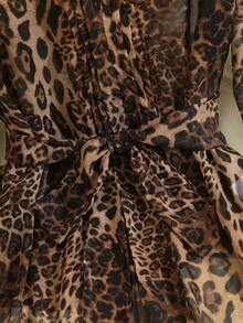 Franclia Women's Pleated Round Neck Button Bow Tie Leopard Print Blouse - Coffee Brown - View 6