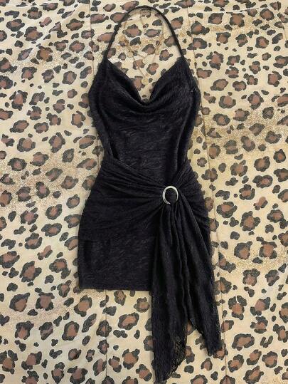 Elamini Women's YK2 Draped Neck Backless Tie Asymmetrical Ruched Tie Metal Decor Circle Dress Womans Dress Sexy Y2k Dress Mini Dress Black Dress