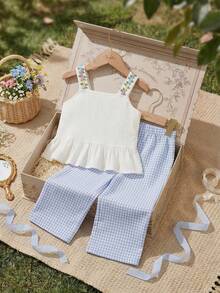 Souflis Souflis 2pcs/Set Baby Girls' French Style Summer Outfit, Includes Spaghetti Strap Ruffle Trim Tank Top And Plaid Print Pants, Fashionable And Sweet, Suitable For Casual, School And Other Occasions - Multicolor - View 2