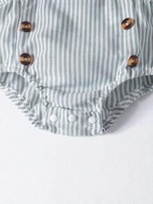 SHEIN 3pcs/Set Newborn Baby Boys' Light Green Summer Cute Family Matching Knitted Contrast Collar Shirt Bear Embroidered Striped Overall&Buttoned Hat - Green - View 7