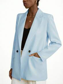 Aveloria Modichic 女士简约优雅通勤披肩领双排扣西装外套 - 淺藍色 - 查看 4