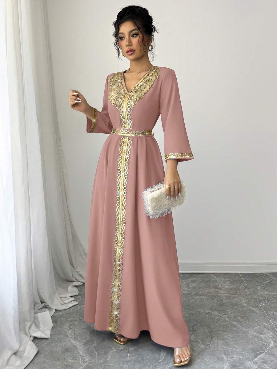 Elenzga Đầm nữ thanh lịch với tua rua và đính sequin, kiểu dáng chắp vá. - Màu Cam san hô - Xem 1