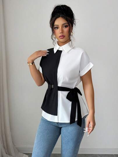 GlowEve 女士浪漫约会衬衫，落肩袖，白色纽扣镂空装饰，撞色修身腰部蝴蝶结，夏季度假装扮，适合夏季、海滩、派对、办公室、休闲和正式场合。