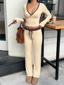 MainGRL Set de 2 piezas de Camiseta de manga larga con cuello en V profundo y pantalones acampanados con cordón en la cintura, en colores crema, amarillo y marrón, para mujer, estilo casual, para primavera/verano - Amarillo - Ver 3