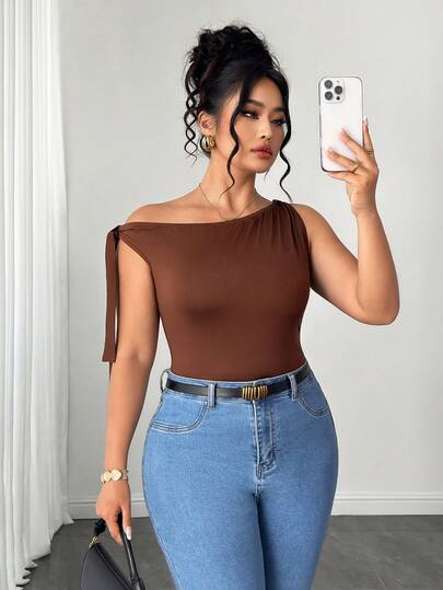 Elenzga Plus Size Women's Spring/Summer Knit Fabric Oblique Shoulder Elegant Casual Versatile T-Shirt