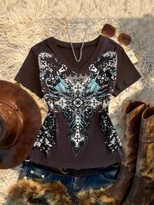 Glimmora 女士休闲十字印花T恤，夏季 - 彩色 - 查看 3