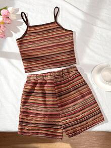 SHEIN Sparklyn Camiseta de punto a rayas informal para niñas, diseño suave y de moda, versátil para vacaciones de verano, viajes, campus y uso diario - Multicolor - Ver 2