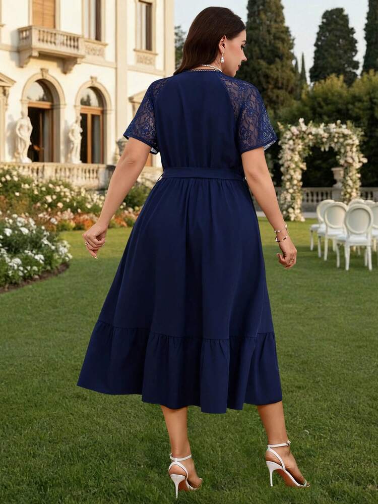 Lace Patchwork Waist Cinched Short Sleeve Plus Size Elegant Dress For Women