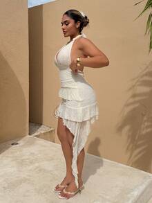 Maria Perezxox 春夏浪漫女孩针织蕾丝扭结多层荷叶边下摆短款连衣裙休闲甜美风格 - 黃色 - 查看 3