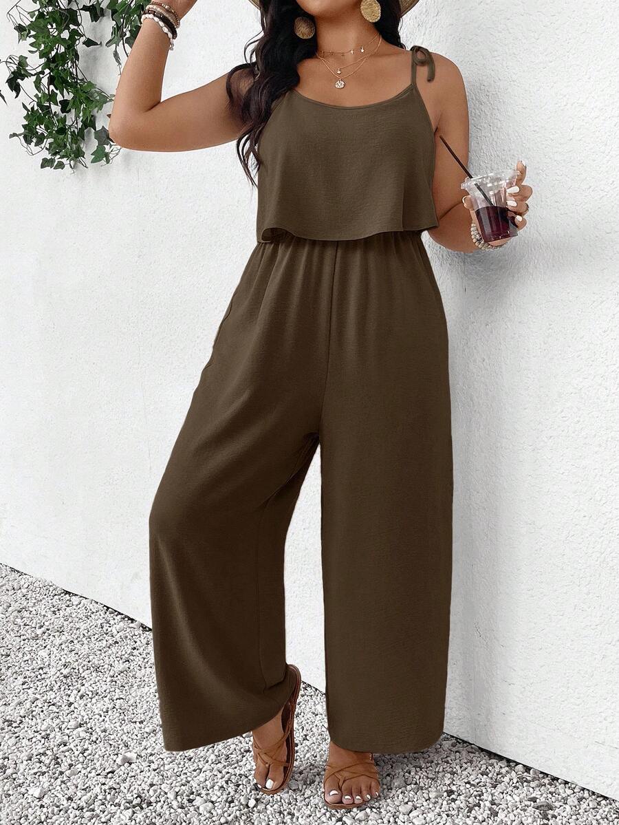 SHEIN Frenchy Plus Size Casual Vacation Textured Solid Color Jumpsuit - Grey - View 1