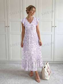 Easowa V领荷叶边装饰短袖荷叶边下摆A字连衣裙，女士休闲度假连衣裙 - 淡紫色 - 查看 3