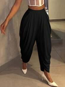 Firerie 女士优雅休闲日常通勤裤，杏色纯色宽松褶裥针织长裤，新款春夏女裤，适合度假、海滩、假日、教师装、职场等场合，时尚设计 - 黑色 - 查看 5