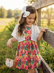 2pcs/Set Young Girl' Lily Flower Strap Dress & Lace Hollow Tassel Top Outfit - Multicolor - View 4
