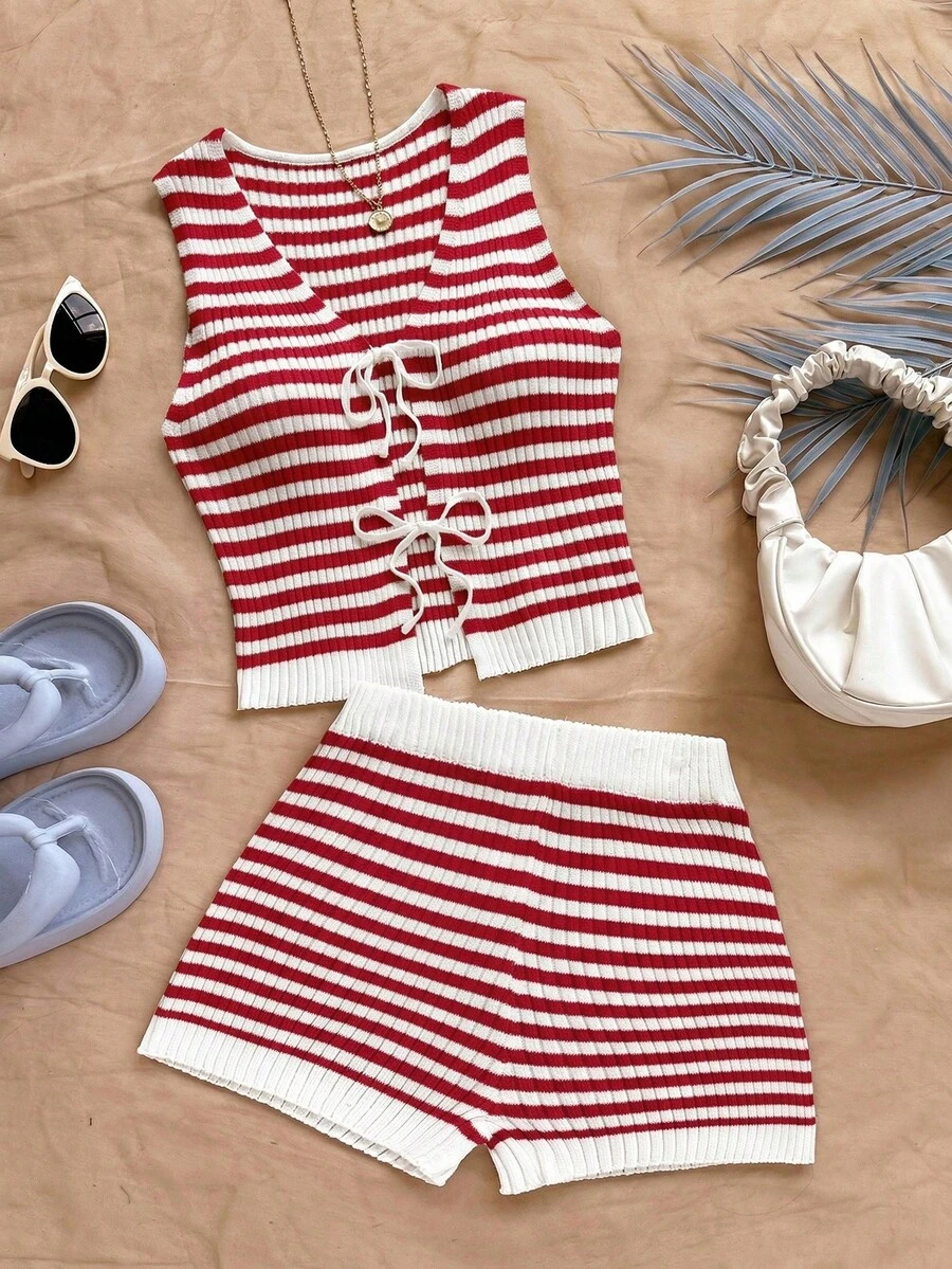 Soleia Women's Casual Summer Set, Striped Sleeveless Knit Top+Shorts Two Pieces Short Ribbed In Fall/Winter - Multicolor - View 1
