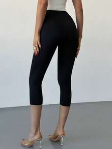 Rafferiza Quần legging lửng ôm sát, cạp cao, 3 nút, xếp ly, kiểu dáng Y2K mới dành cho nữ - Quần skinny đen co giãn, ôm sát, nâng mông. - màu đen - Xem 2
