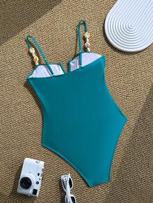 Swim Chiccia 女士春夏沙滩度假优雅复古风细肩带纯色不规则串珠装饰褶皱胸部V型露背修身连体泳衣 - 水鴨藍 - 查看 6