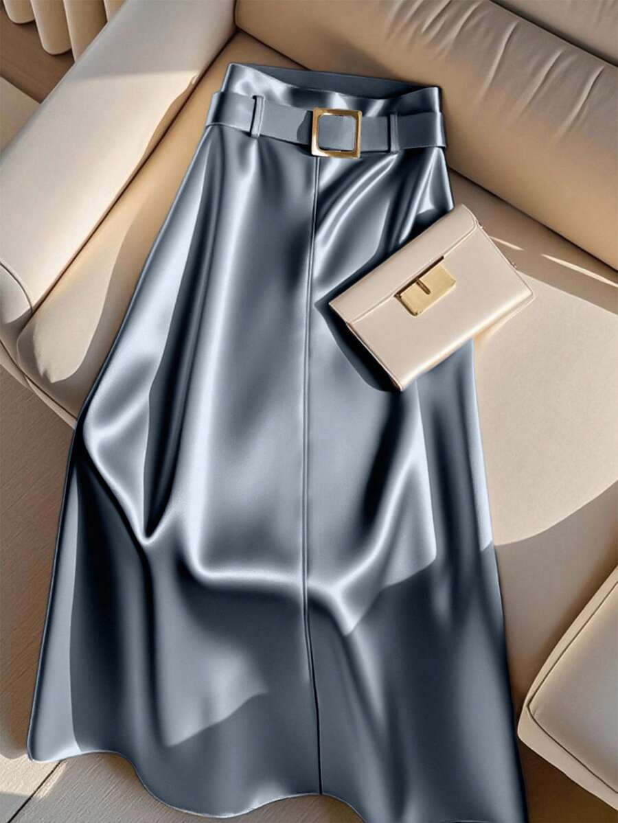Franclia 女士优雅缎面金属腰带装饰A字裙 - 藍色 - 查看 1