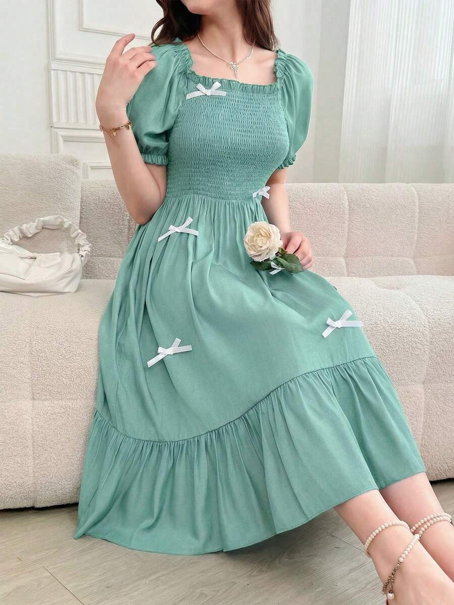 SHEIN 少女纯色花瓣袖蝴蝶结休闲夏季连衣裙中长连衣裙女士春季连衣裙泡泡袖连衣裙褶皱连衣裙浅绿色连衣裙蝴蝶结细节连衣裙