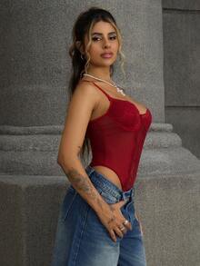 Rayane Ketlyn Bộ đồ liền thân ren vá gợi cảm thanh lịch dành cho nữ - Màu Đỏ Sâu - Xem 4