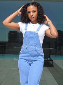 Steph T Mono vaquero suelto con bolsillos y tirantes ajustables para mujer - Azul lavado medio - Ver 3