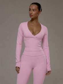 Musera Sport 裹身式V领双层长袖运动上衣，适合运动健身、健身房、普拉提、日常休闲穿着 - 粉色 - 查看 5