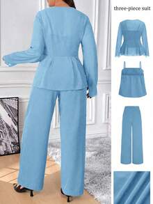 Bộ đồ 2 mảnh thanh lịch dành cho nữ cỡ lớn, màu cà phê, chất liệu chiffon, cài cúc phía trước, gồm áo và quần cạp cao. - Màu xanh nhạt - Xem 2