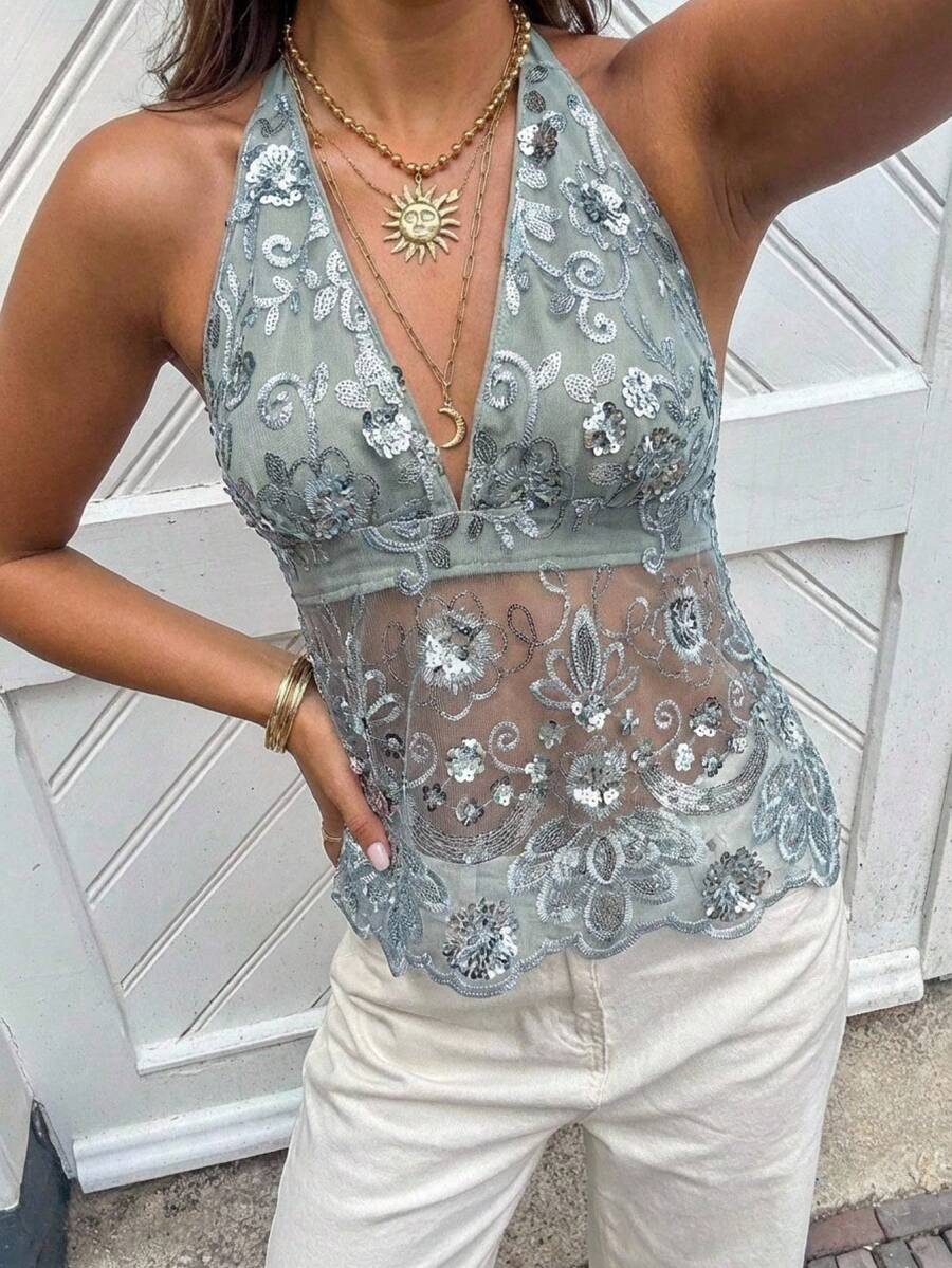 Serisse Women's Floral Embroidery Sequin Mesh Deep V Sexy Halter Neck Camisole - Green - View 1