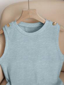 Airaco Áo tank top nữ màu trơn cổ tròn cài nút kiểu dáng thường ngày - Màu xanh nhạt - Xem 3