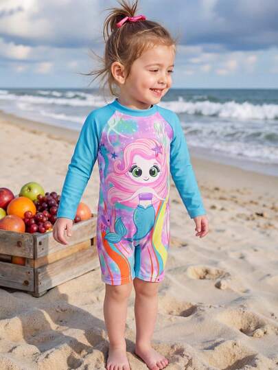 SHEIN GraphicGems Baby Girl Cartoon Mermaid Print One-Piece Swimsuit, Beach Vacation