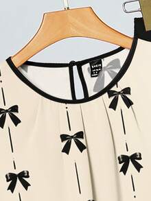 SHEIN Clasi 休闲优雅复古硬币印花蝴蝶结装饰上衣，搭配黑色两件套，适合夏季、度假、派对穿着。 - 彩色 - 查看 3