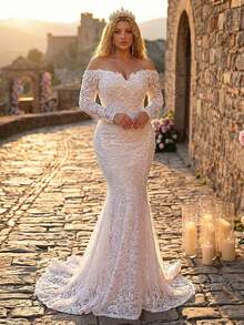 Glamrae Đầm maxi dáng đuôi cá sang trọng, thanh lịch, cỡ lớn, đính ngọc trai, tay áo ren xuyên thấu, có đuôi dài, thích hợp cho đám cưới, tiệc tùng, kỳ nghỉ, dạ hội, lễ hội. - trắng - Xem 2