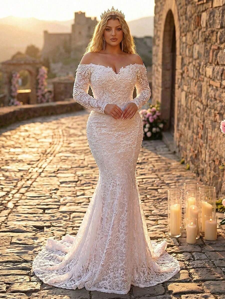 Glamrae Đầm maxi dáng đuôi cá sang trọng, thanh lịch, cỡ lớn, đính ngọc trai, tay áo ren xuyên thấu, có đuôi dài, thích hợp cho đám cưới, tiệc tùng, kỳ nghỉ, dạ hội, lễ hội.