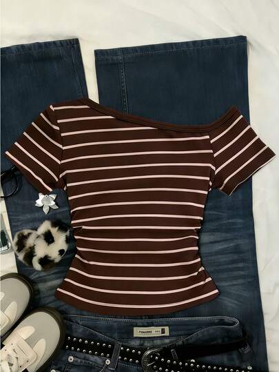Glimmora 女士休闲条纹不对称领T恤，夏季