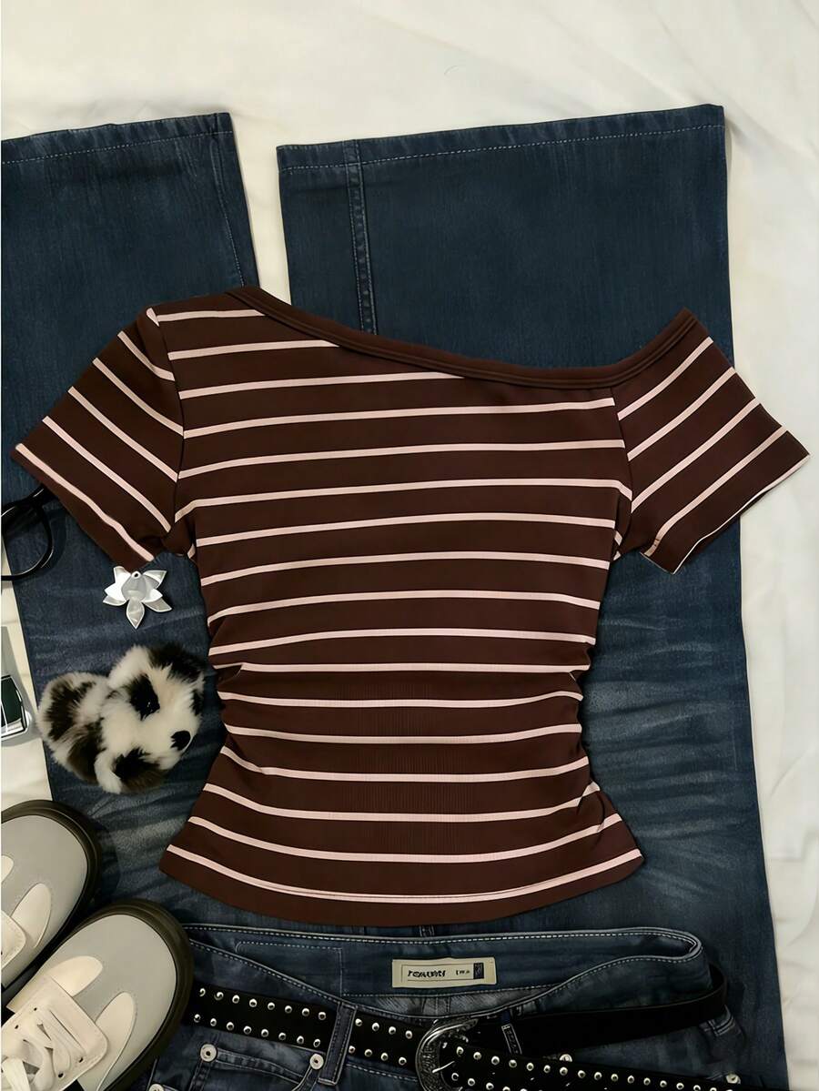 Glimmora 女士休闲条纹不对称领T恤，夏季 - 彩色 - 查看 1