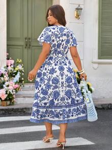 Breezaya Plus Size Boho Blue Baroque Print Midi Dress With Deep V Neck Short Sleeves And Flared Hem For Women - Blue - View 2