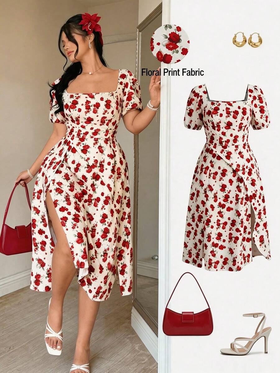 Celure 大码女式印花方领花瓣袖侧开衩下摆时尚连衣裙 - 彩色 - 查看 1