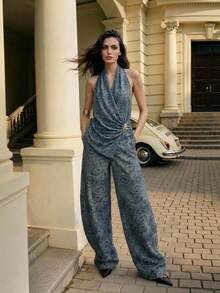 Anewsta 春夏提花水洗阔腿高腰显瘦喇叭牛仔裤（女款） - 藍色 - 查看 7