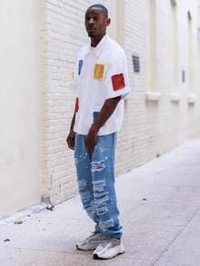 BelSigned BelSigned 男士破洞直筒牛仔裤，斜口袋设计，蓝色磨边牛仔裤，适合送给老公或男朋友的礼物，emo 风格 - 藍色 - 查看 5