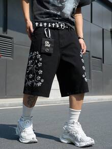 Manfinity EMRG 男士休闲街头风刺绣黑色牛仔短裤 - 黑色 - 查看 8