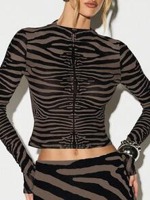KIZN Zebra Print Mesh Long Sleeve Top With Cropped Fit For Fall Winter Layering - Chocolate Brown - View 4