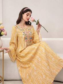 Yasmyna Đầm kiểu Ả Rập cổ chữ V, cài cúc phía trước, họa tiết hoa. - Màu vàng - Xem 3